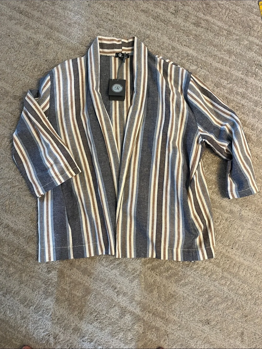 NWT Made in Italy Linen Cotton Stripped Drappy Navy Brown Open Front Cardigan L - Picture 1 of 10